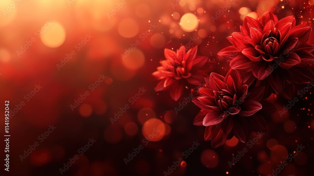Aufkleber three red dahlias with bokeh and glitters against a warm blurred background.