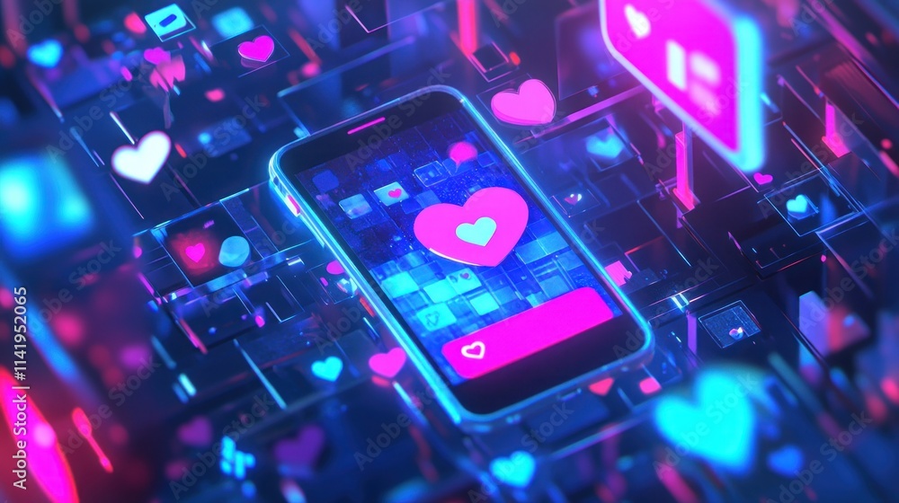 Poster glowing phone with hearts, social media app interface, abstract tech backdrop.