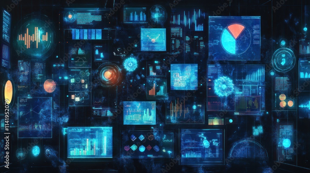Aufkleber Digital screen displaying data charts and graphs on multiple panels.
