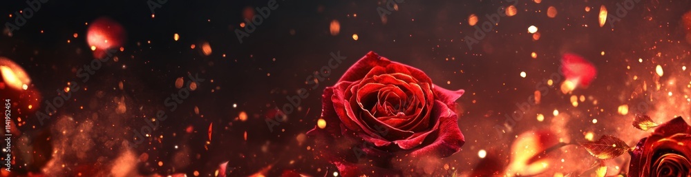 Aufkleber red rose with bokeh and petals floating.