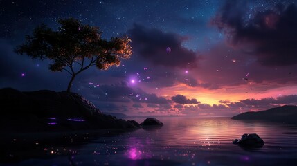 Fototapeta na wymiar Fantasy illustration with bright colors depicting an island landscape and an artistic sunset
