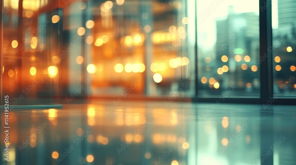 Poster bokeh lights glow through city windows with reflective floor.