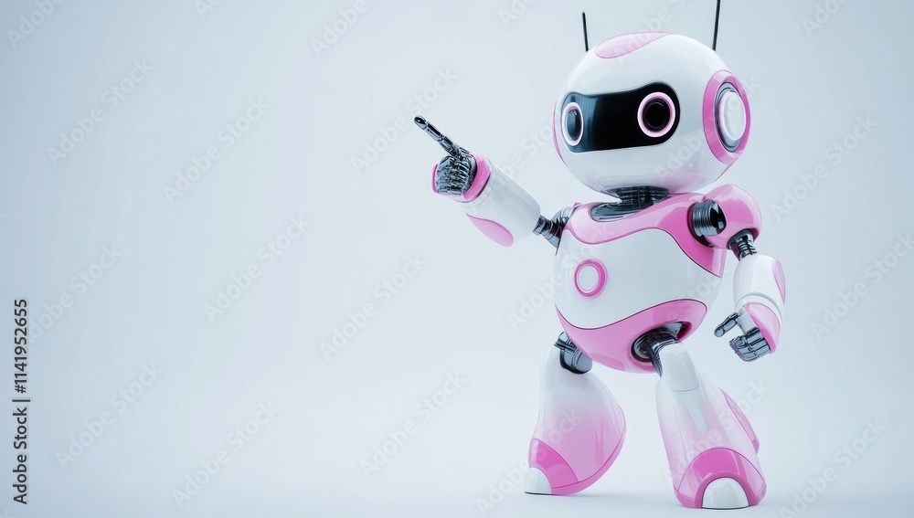 Poster pink and white robot pointing with one arm.