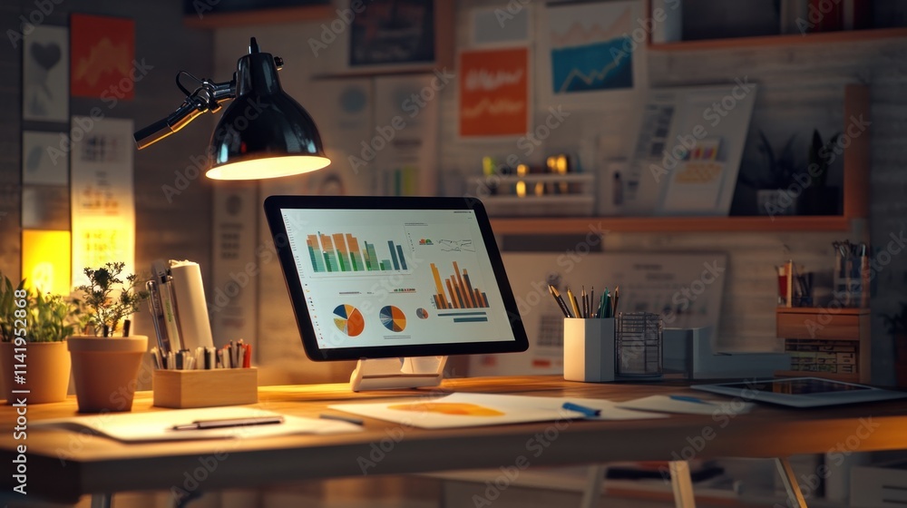 Poster Office desk with data charts on screen.