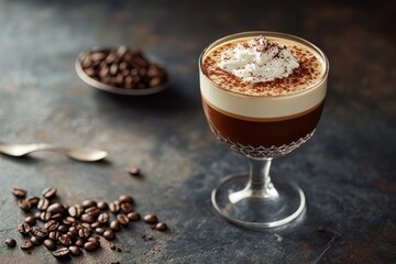 Irish coffee with whipped cream and cocoa powder.