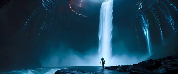 Humanoid alien standing atop a futuristic dam overlooking a massive waterfall of glowing liquid cascading into a glowing abyss