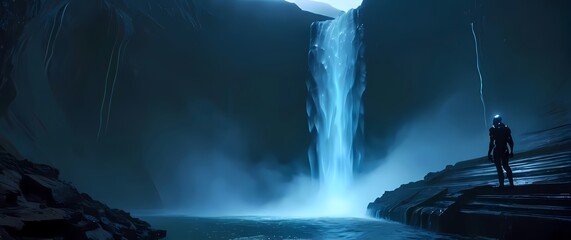 Humanoid alien standing atop a futuristic dam overlooking a massive waterfall of glowing liquid cascading into a glowing abyss