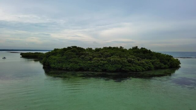 Drone flying around La Matica islet, impenetrable mangrove forest, Playa Boca Chica beach, Dominican Republic. Aerial orbiting, sky for copy space