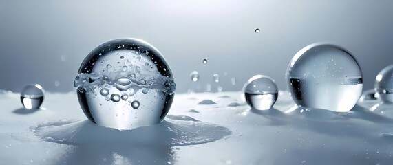 Ice cold sparkling water splash droplets and bubbles scattering in crystal clarity with faint reflections adding depth to the otherwise stark white background.