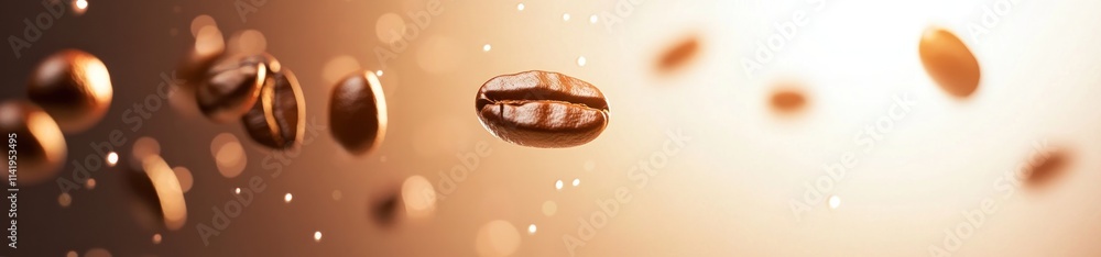Poster coffee beans in motion with warm bokeh background.