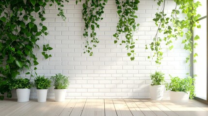 A peaceful corner with a white brick wall, wooden floor, and cascading green plants in hanging planters.