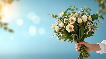 Obraz premium Hand holding spring bouquet of tulips and daisies against blue sky background