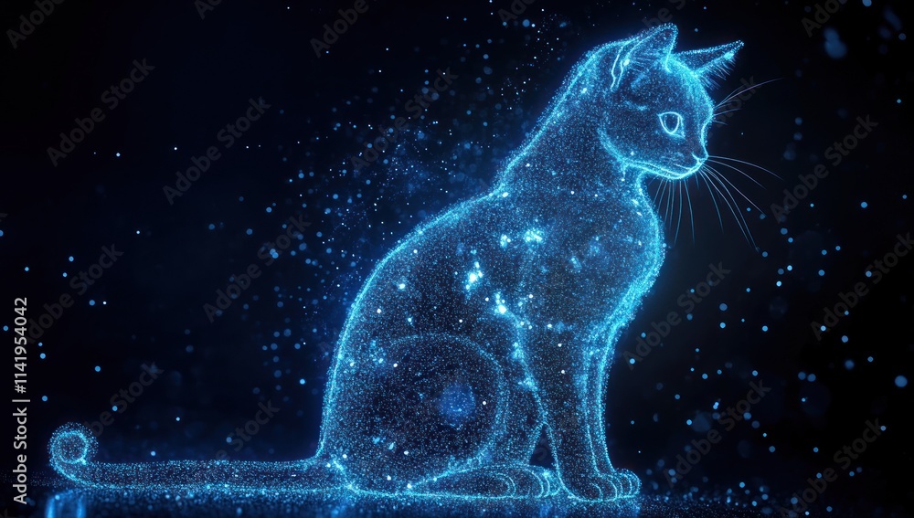 Poster digital blue cat outline with light particles on dark background.