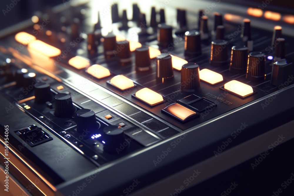 Poster close-up of lit mixing console knobs and buttons.