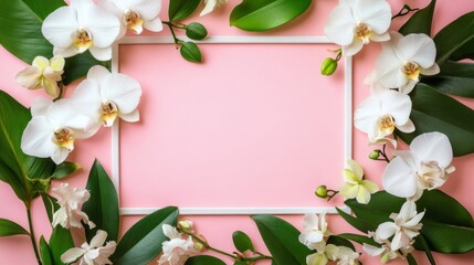 White Orchids and Green Leaves Frame Pink Background