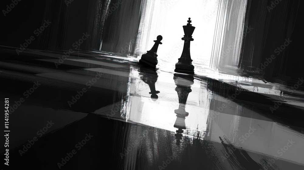 Poster defeated pawn before king on a chessboard, grayscale.