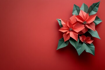 A vibrant arrangement of origami poinsettias in red and green, set against a bold red background, perfect for festive decorations.