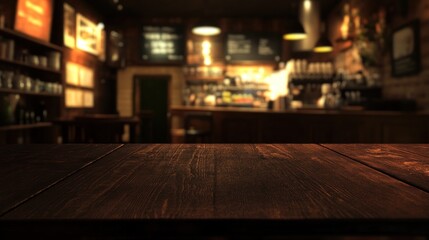 Blurred coffee shop interior with wooden table foreground.