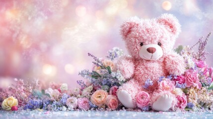 Fototapeta premium Pink Teddy Bear Amidst a Bouquet of Delicate Flowers