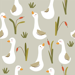 ducks and grass  seamless pattern , vector , illustration