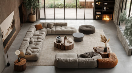 A 3D rendering of a contemporary living room from an aerial perspective, featuring stylish furniture and decor.