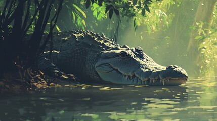 Naklejka premium Crocodile resting in a tranquil jungle swamp.