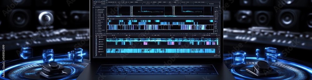 Aufkleber laptop with editing software displayed; glowing, blue controls.