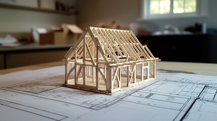 Miniature wooden house frame on blueprints.