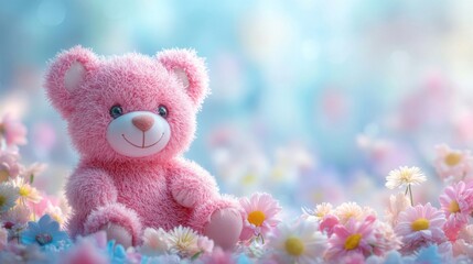 Fototapeta premium Pink Teddy Bear Sitting Among Delicate Flowers