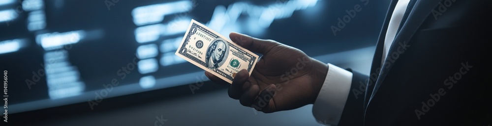 Poster hand holds a dollar bill in front of a financial chart.