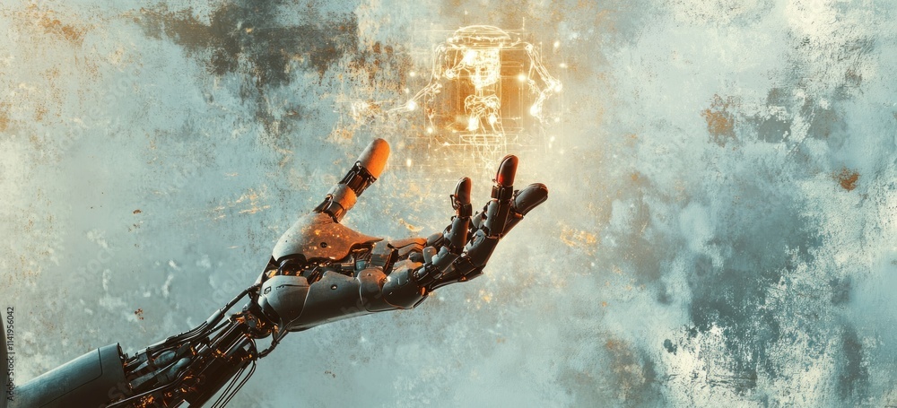 Aufkleber robotic arm holds glowing cube amid textured sky.