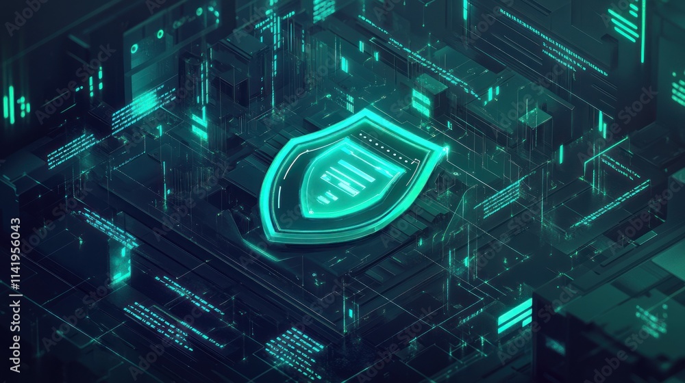 Poster glowing shield on circuit board, digital security concept.