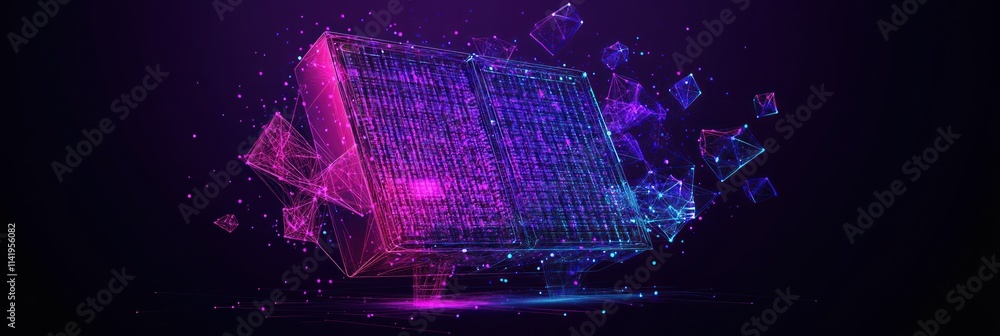 Aufkleber abstract, glowing cube with particles against a dark backdrop.