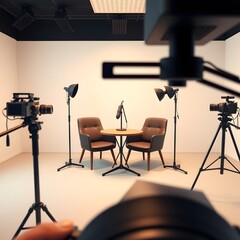 Minimalist podcast studio setup with a central mic, two chairs, a table, three cameras, and soft lighting, creating a professional yet inviting recording atmosphere
