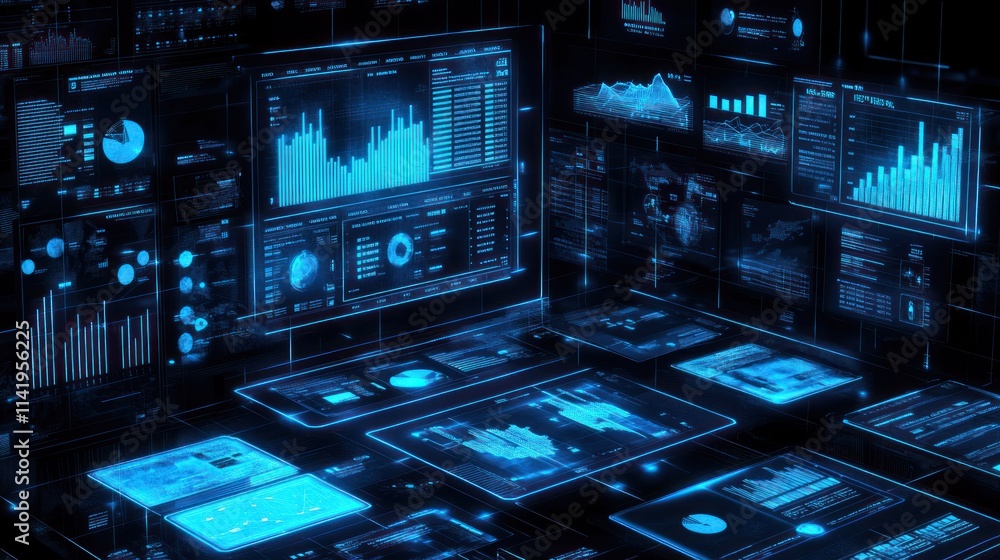 Poster Blue digital interfaces displaying data, graphs, charts.