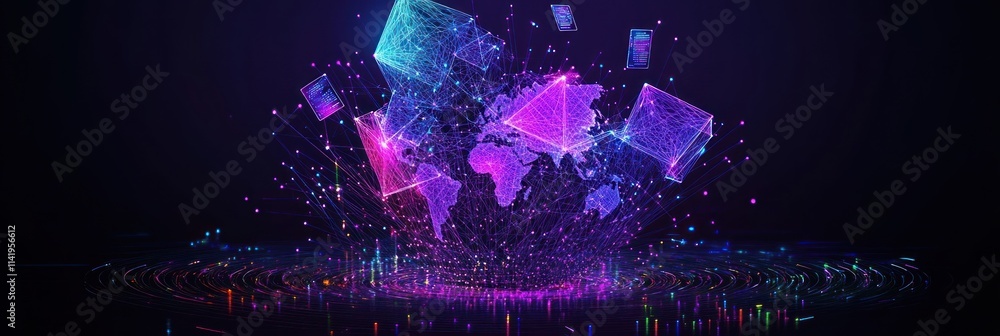 Poster abstract world map with glowing cubes.