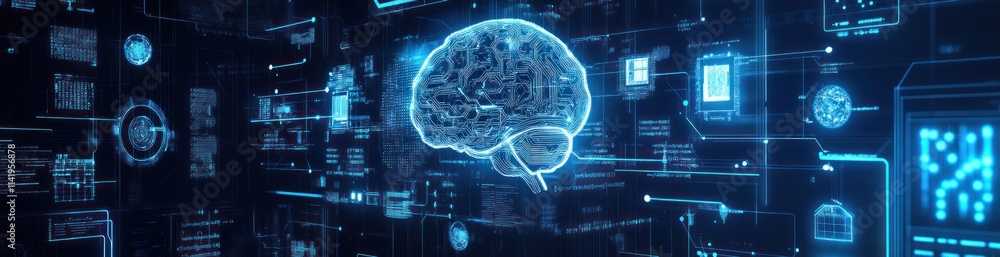 Poster brain image over techy graphic.