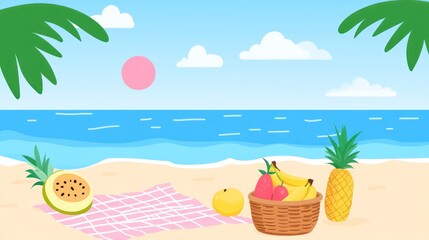 Beach picnic with fruits, blanket, ocean view, clouds and palm trees.
