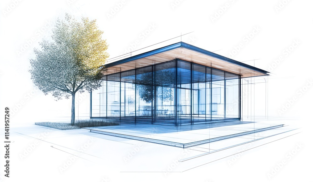 Poster Transparent building with tree, sketch-like drawing.