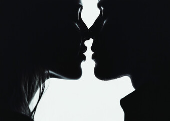 Romantic silhouette of a couple facing each other closely with their lips nearly touching, creating an intimate and emotional connection in a dramatic black and white style © LouLou
