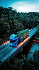 Naklejka premium A futuristic electric truck with digital blue lights carries cargo in green patterns, highlighting renewable energy, clean energy, and sustainable transportation