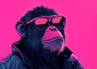 Vibrant digital art of a stylish monkey wearing trendy sunglasses and a jacket, standing against a...