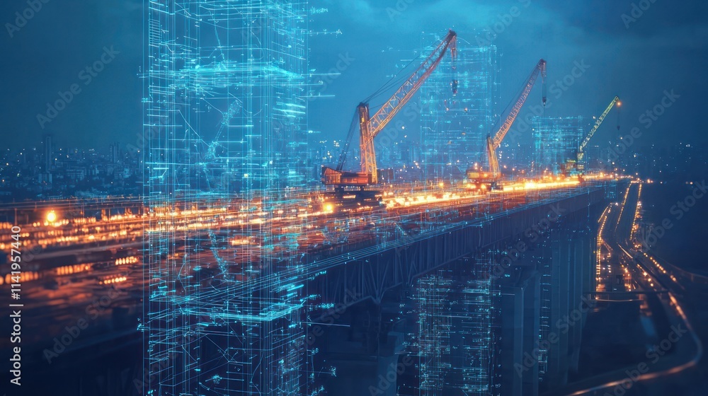 Poster construction cranes on bridge overlayed with data.