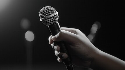 Close-up of a hand firmly holding a microphone against a dark background,