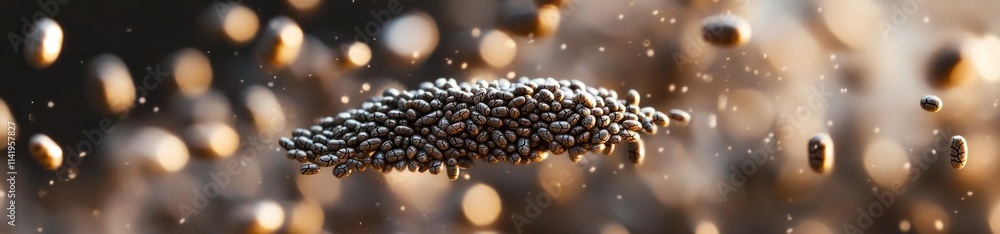 Poster floating seeds with warm bokeh background.