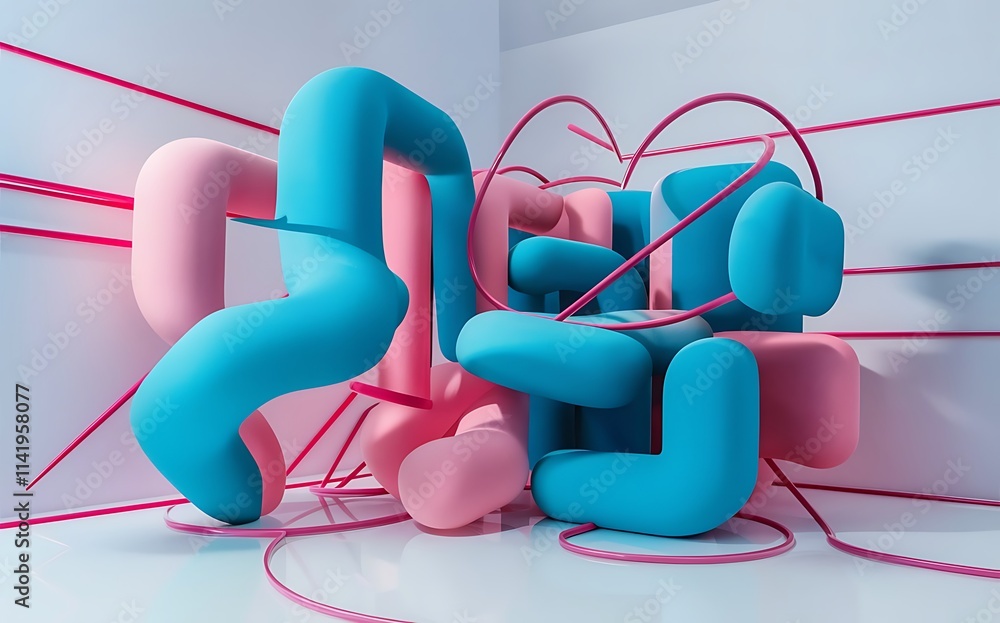 Poster abstract geometric shapes dynamic composition made of various blue and pink color rounded lines diag