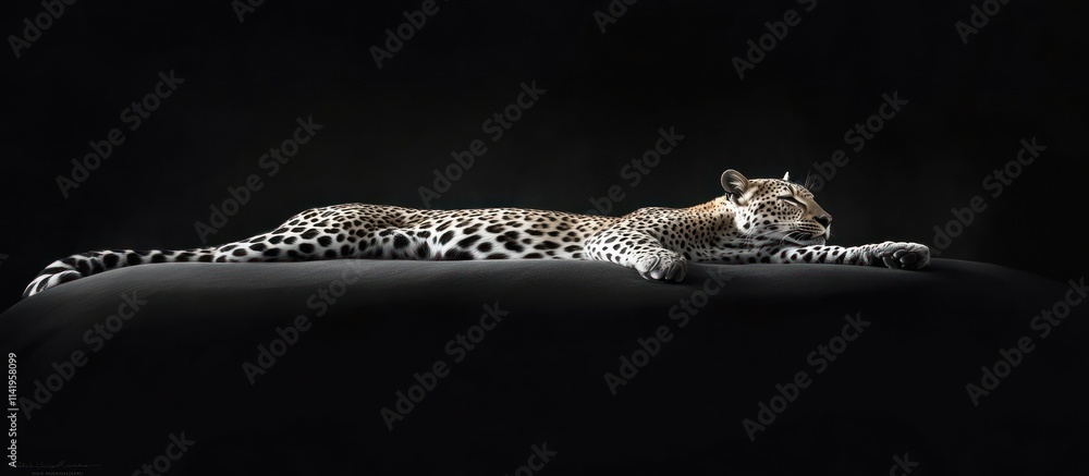 Poster leopard lying down on dark background.
