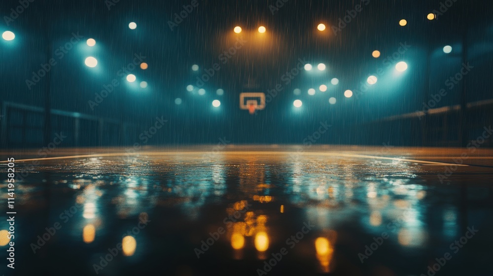 Aufkleber empty basketball court in rain with lights reflecting on wet surface.