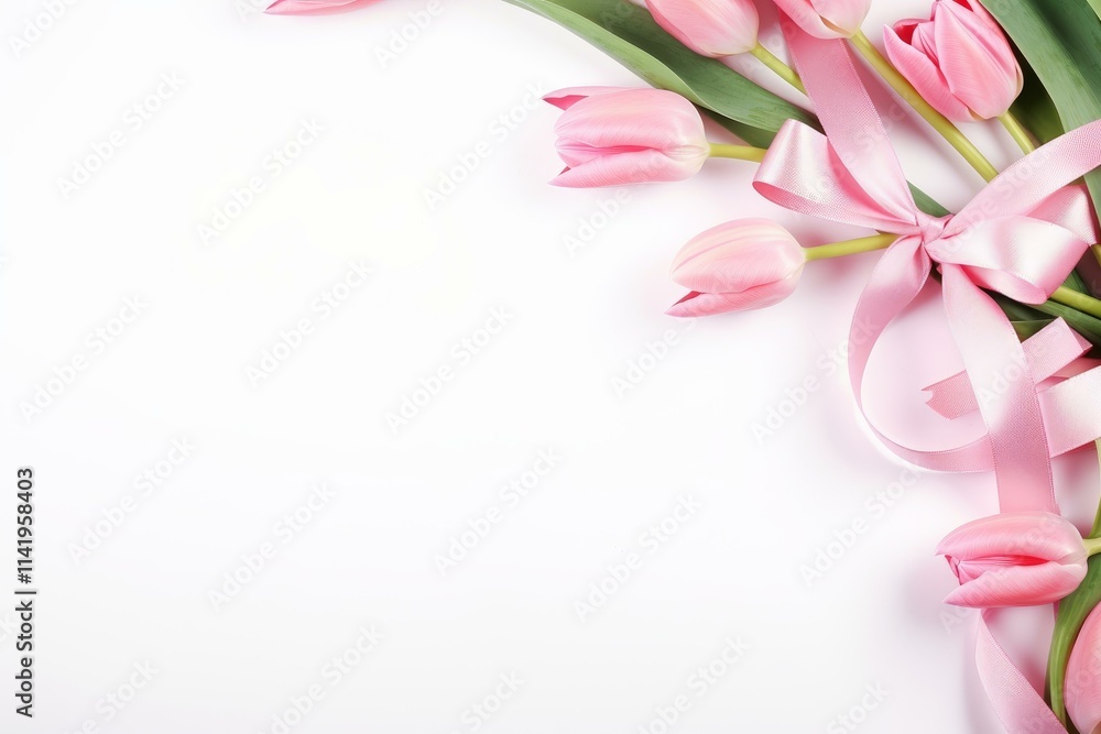 Poster pink tulips are tied with a pink ribbon on a white background, creating a border with empty space in