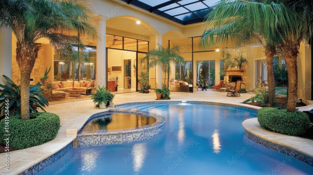 Aufkleber elegant pool and patio at night with palm trees.